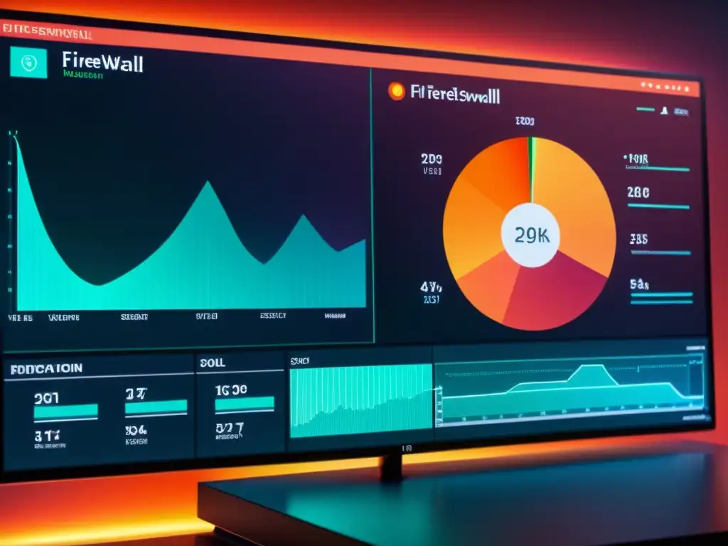 Una interfaz futurista de firewall de código abierto con gráficos detallados y detección de amenazas en tiempo real