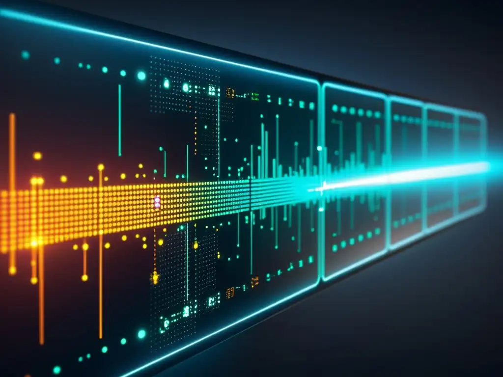 Una interfaz futurista de firewall muestra datos de tráfico en tiempo real con patrones de circuitos brillantes sobre fondo oscuro