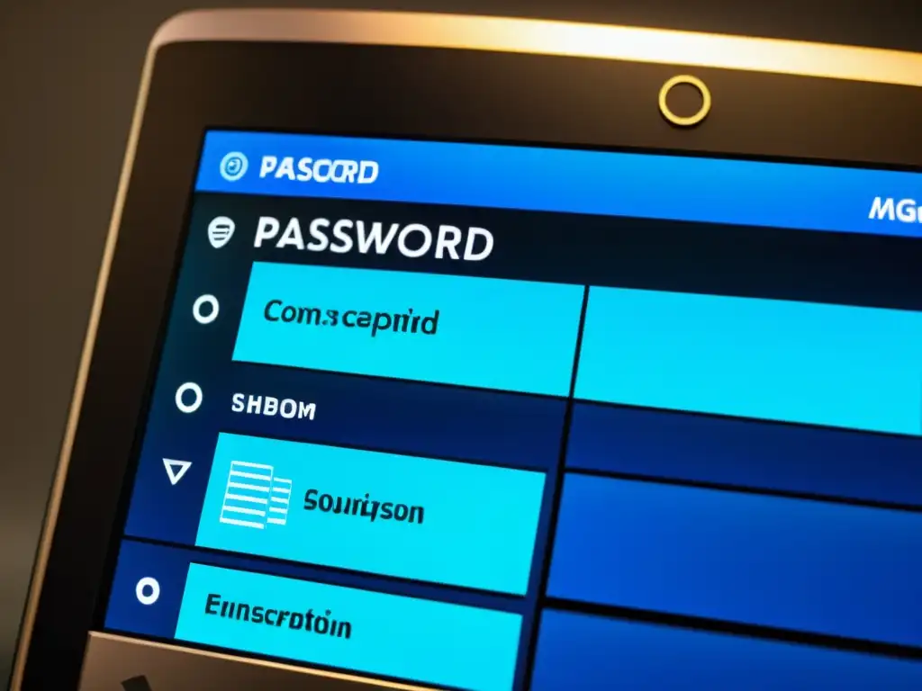 Interfaz futurista de gestor de contraseñas con elementos de seguridad avanzada y diseño minimalista