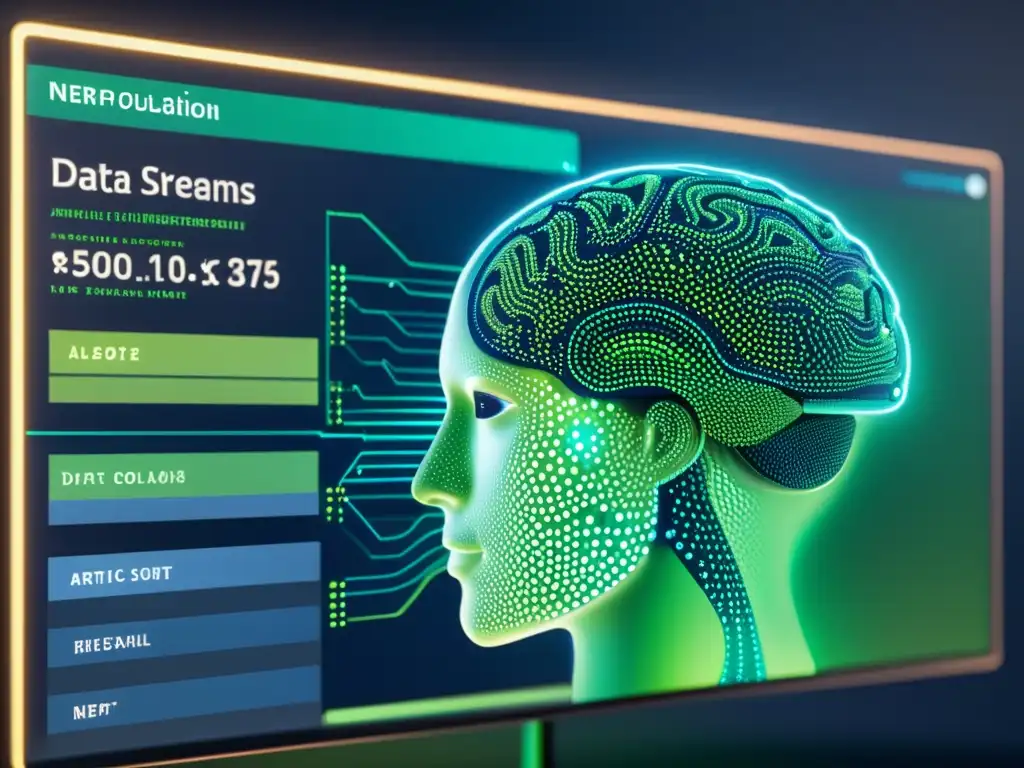 Interfaz futurista de inteligencia artificial de código abierto mostrando visualización de datos y desempeño de modelos IA en diseño minimalista