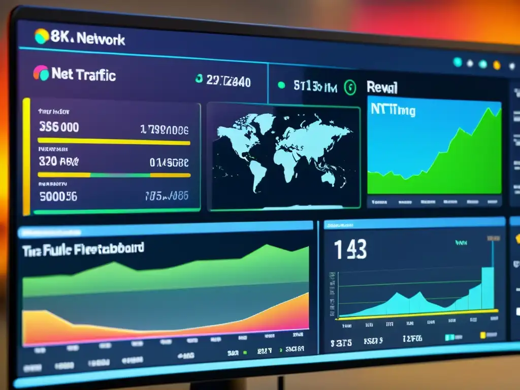 Interfaz futurista de monitoreo de tráfico en tiempo real con visualizaciones de datos, filtrado de paquetes y monitoreo de reglas de firewall