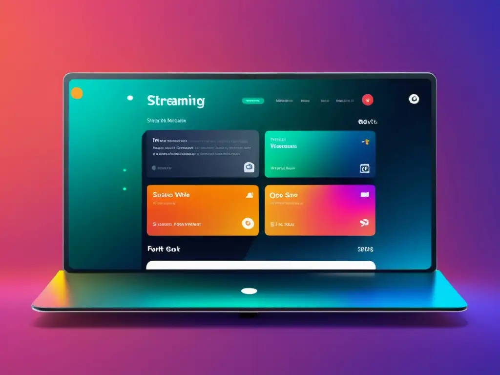 Interfaz futurista de plataforma de streaming con diseño minimalista y colores vibrantes, mostrando recomendaciones personalizadas