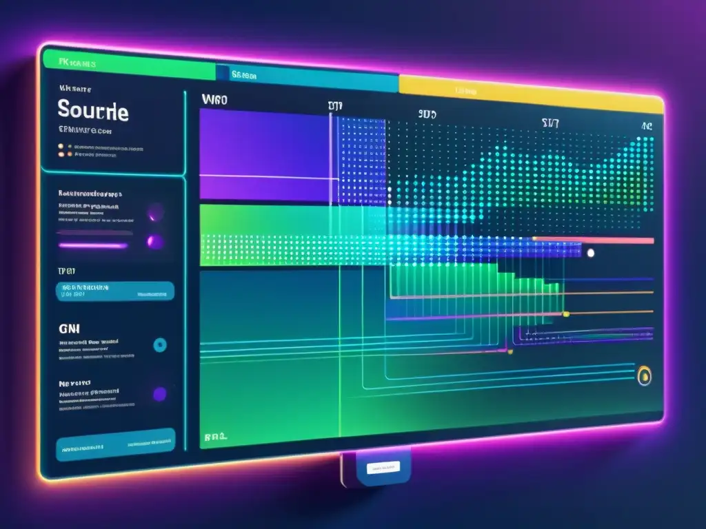 Interfaz futurista de sistema de recomendación Open Source con vibrantes líneas y gráficos dinámicos en azules, verdes y morados