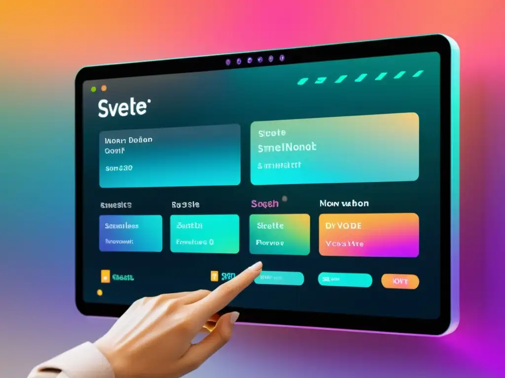 Interfaz futurista de Svelte framework de frontend código abierto, mostrando desarrollo eficiente con snippets de código en pantalla holográfica