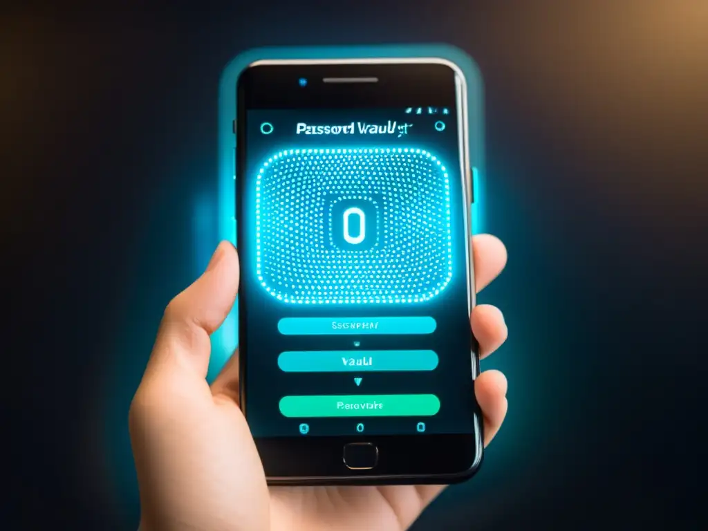 Interfaz de gestor de contraseñas open source seguros en un smartphone futurista, con símbolos de encriptación y diseño de alta tecnología