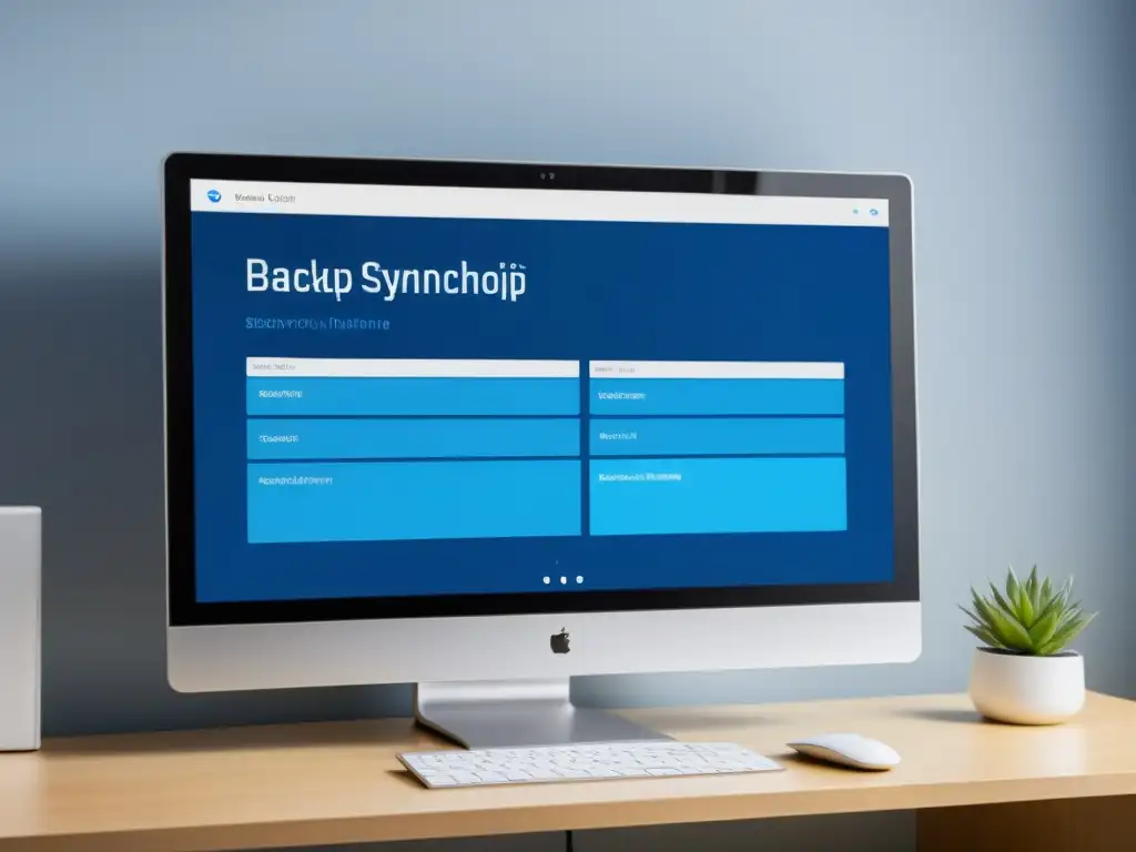 Una interfaz de herramientas open source para sincronización y backup, con diseño minimalista y colores profesionales en un monitor de alta resolución