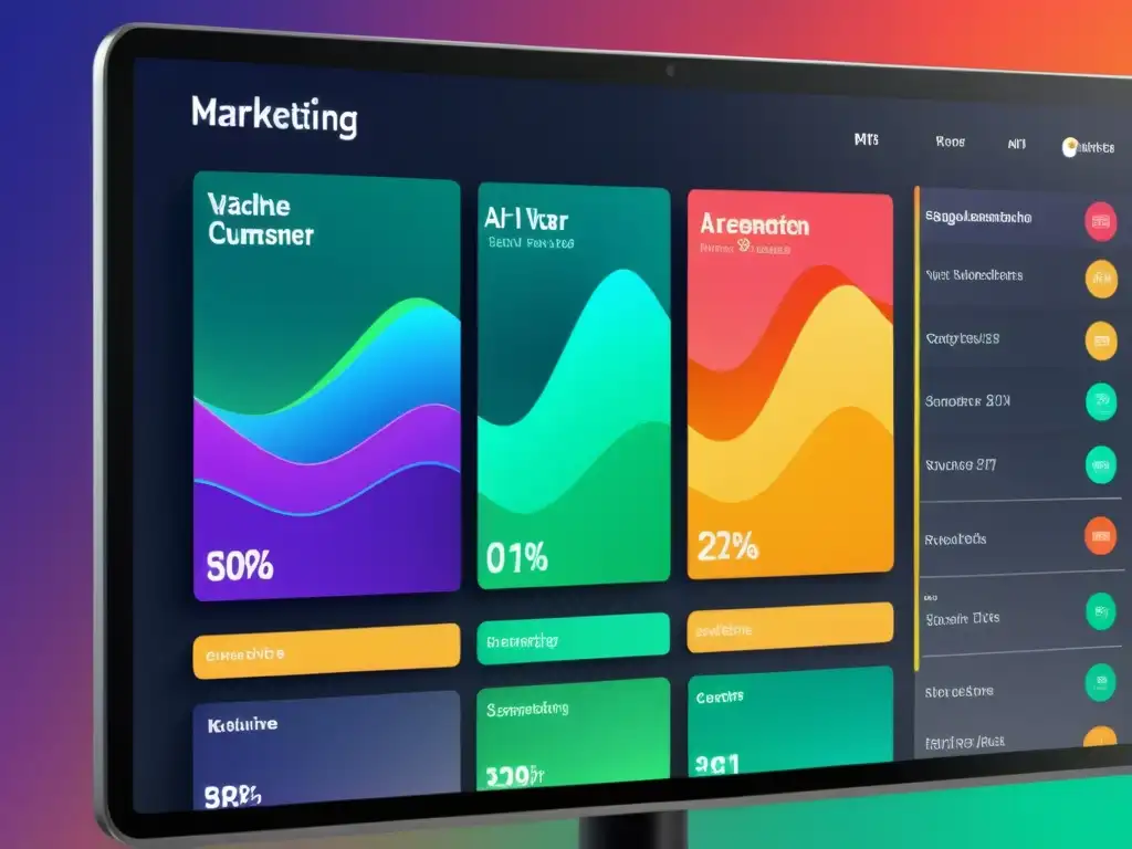 Una interfaz de IA futurista en un panel de marketing con visualizaciones de datos dinámicas y algoritmos de machine learning
