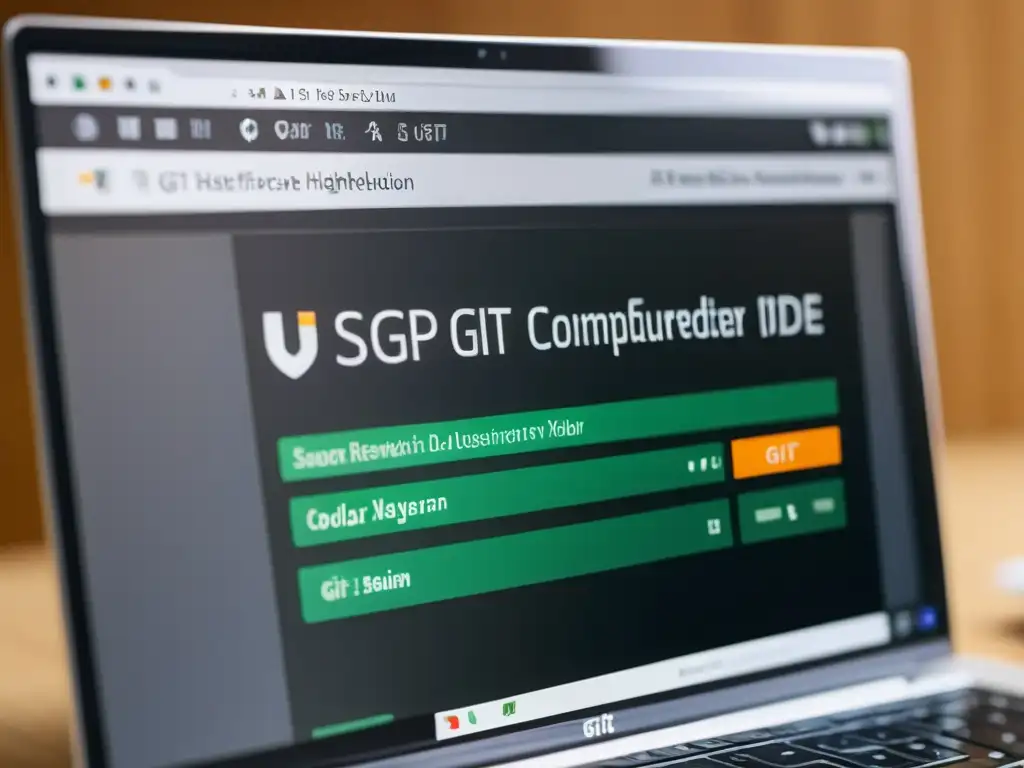 Interfaz de IDE moderno con plugin Git, ideal para la gestión de ramas y revisión de código