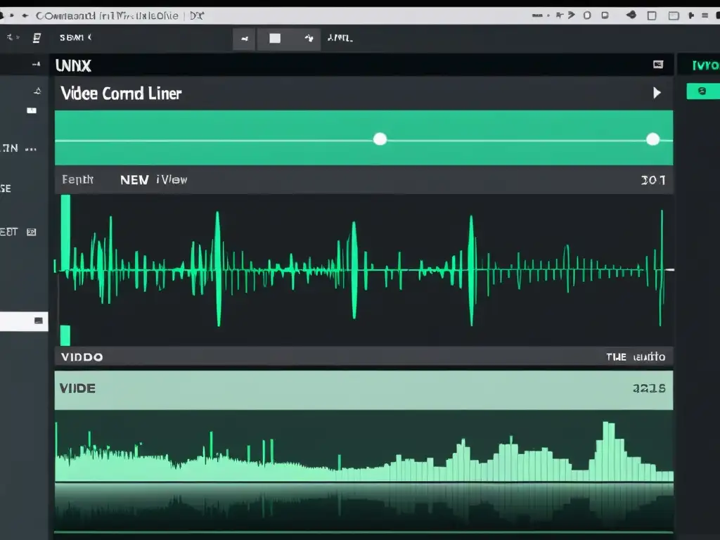 Una interfaz de línea de comandos UNIX minimalista y elegante con editores de video y audio abiertos en pantalla dividida