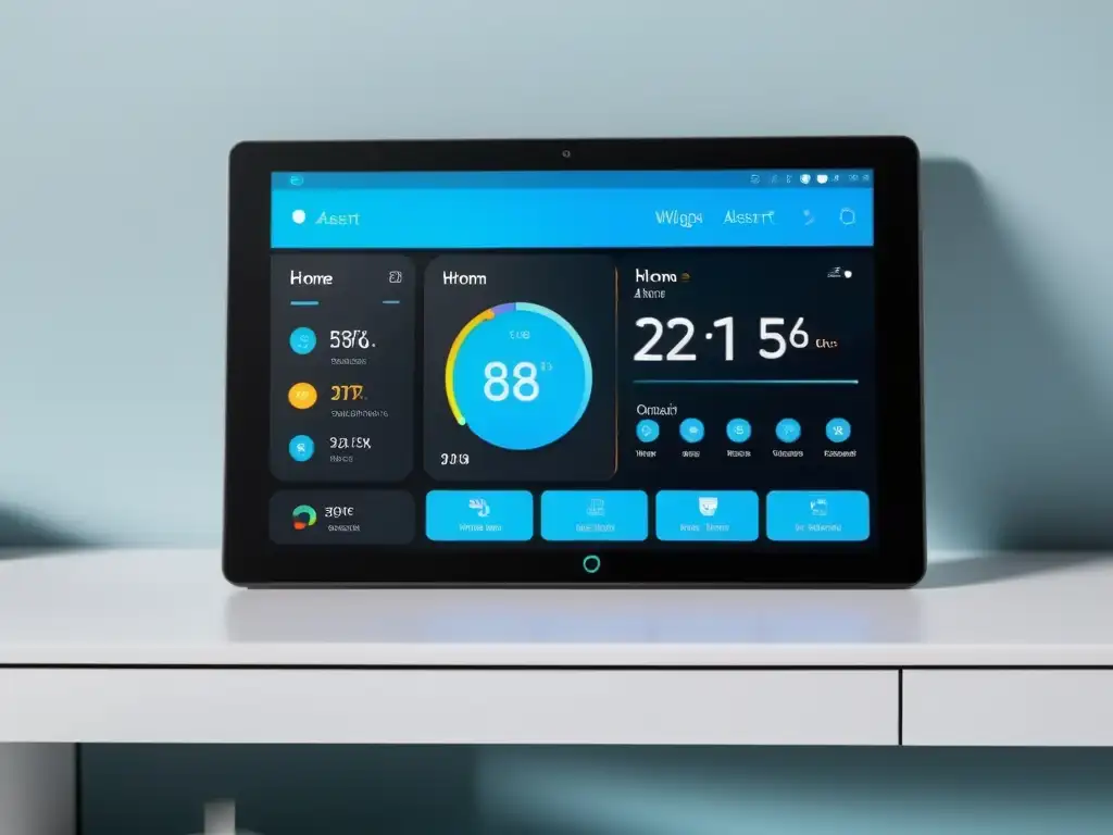 Interfaz minimalista de domótica DIY con Home Assistant, mostrando control intuitivo de dispositivos inteligentes en tablet de alta resolución