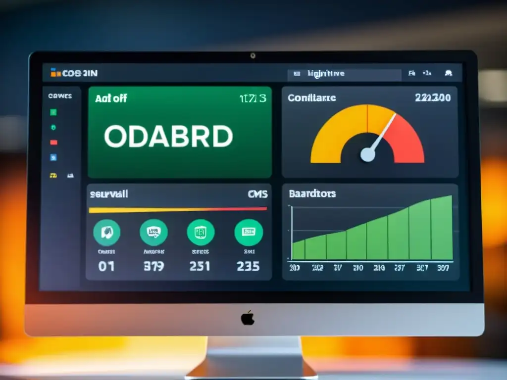 Interfaz moderna de CMS Open Source muestra métricas de seguridad en un monitor de ordenador