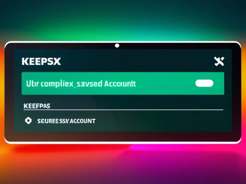 Interfaz moderna de KeePassXC generando y guardando contraseña segura para cuenta online, transmite seguridad informática con software libre