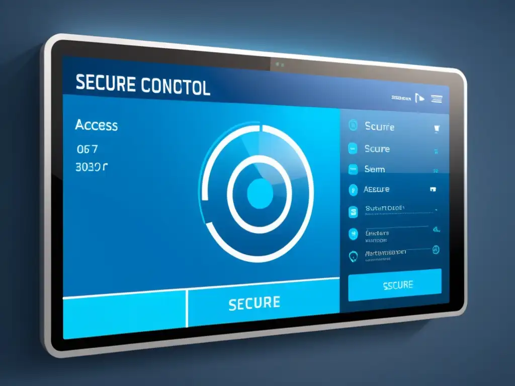 Interfaz moderna de control de acceso con prácticas recomendadas en software, seguridad y tecnología innovadora en tonos azules y plateados