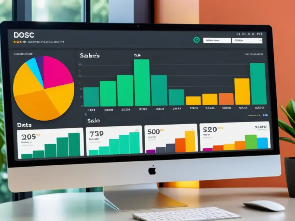 Interfaz moderna de visualización de datos para ecommerce, con gráficos y análisis de ventas y tendencias del mercado en pantalla de alta resolución