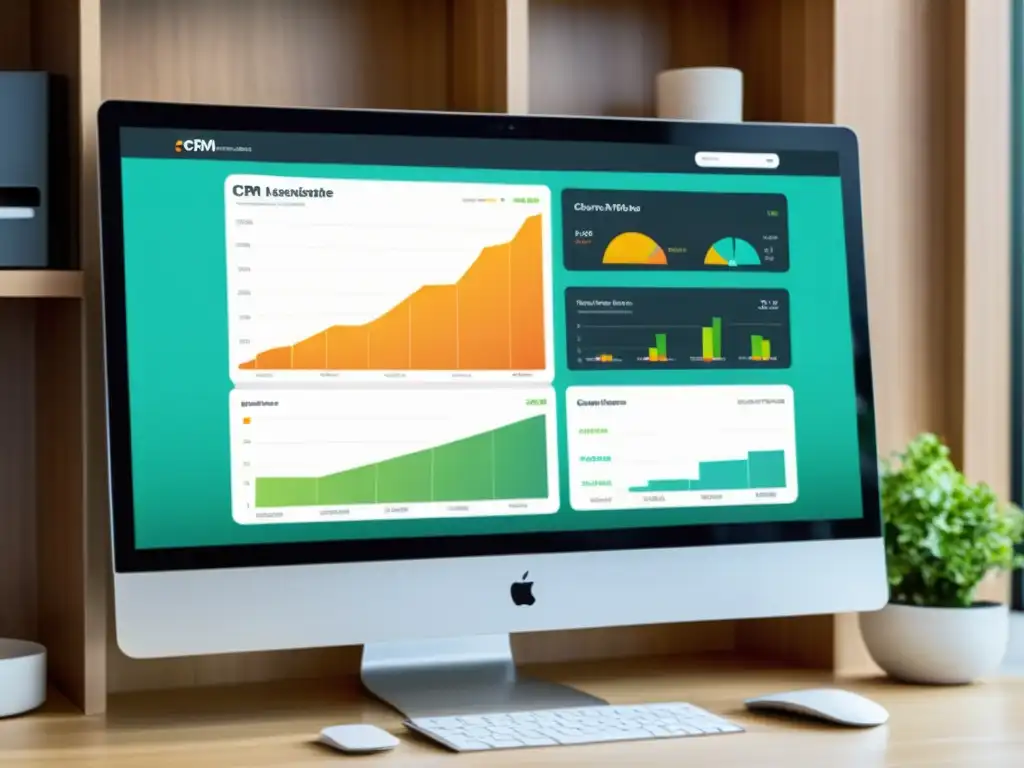 Interfaz moderna de CRM para ecommerce en pantalla de ordenador, con paneles vibrantes y herramientas analíticas
