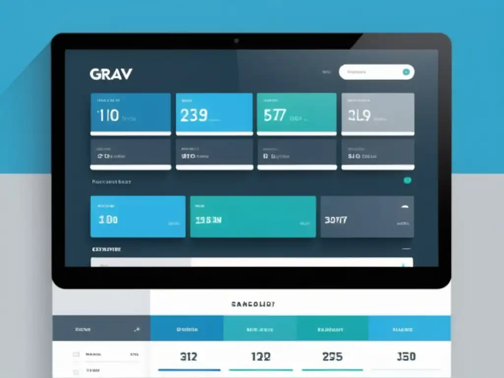 Interfaz moderna y eficiente de Grav CMS con widgets personalizables, edición de contenido en tiempo real y elementos visuales para analítica de datos