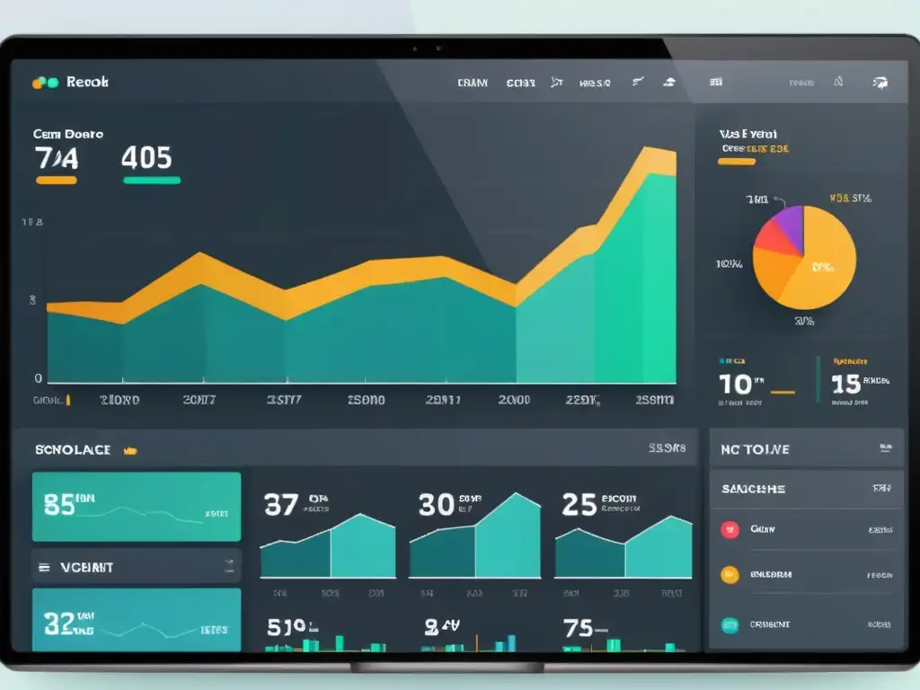 Una interfaz moderna y elegante con gráficos vibrantes y datos claros, mostrando herramientas de análisis para CMS Open Source