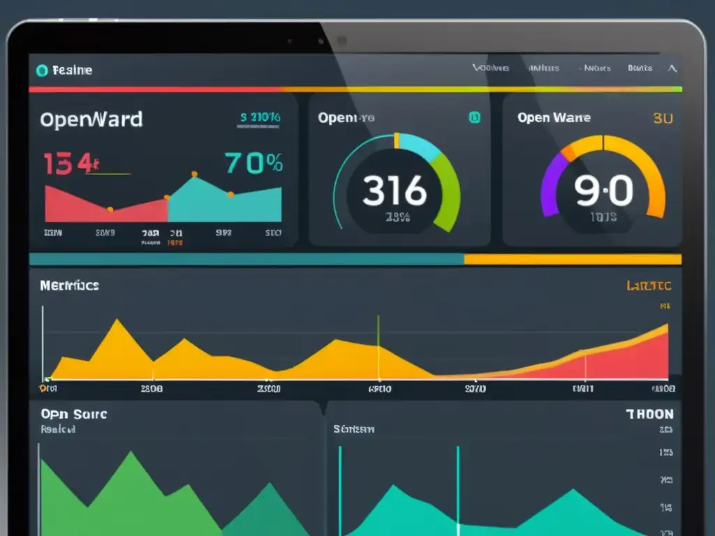 Panel de control de middleware de código abierto: datos en tiempo real Interfaz moderna y elegante de monitoreo de rendimiento en middleware de código abierto, con gráficos coloridos y datos en tiempo real