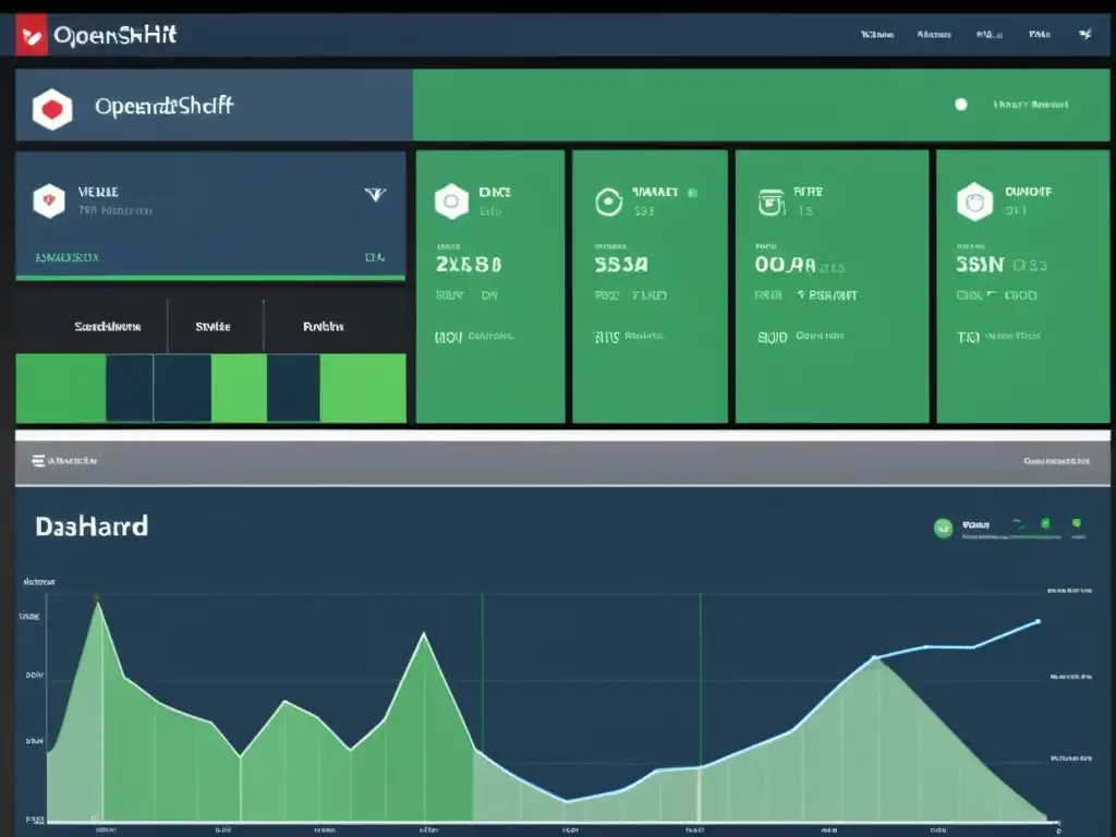 Interfaz moderna y elegante de la plataforma de containerización OpenShift, con visualizaciones de aplicaciones containerizadas en tiempo real en tonos profundos de azul, verde y gris, transmitiendo profesionalismo y tecnología de vanguardia