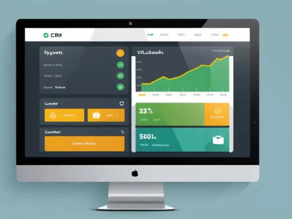 Interfaz de CRM moderna y elegante con widgets personalizables, visualizaciones de datos en tiempo real y herramientas de comunicación interactivas, transmitiendo profesionalismo y eficiencia