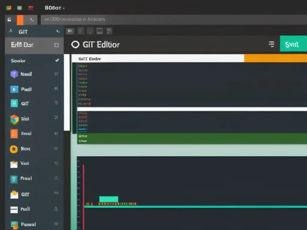 Interfaz moderna de IDE con vista dividida para editor de código a la izquierda y panel de control de Git a la derecha