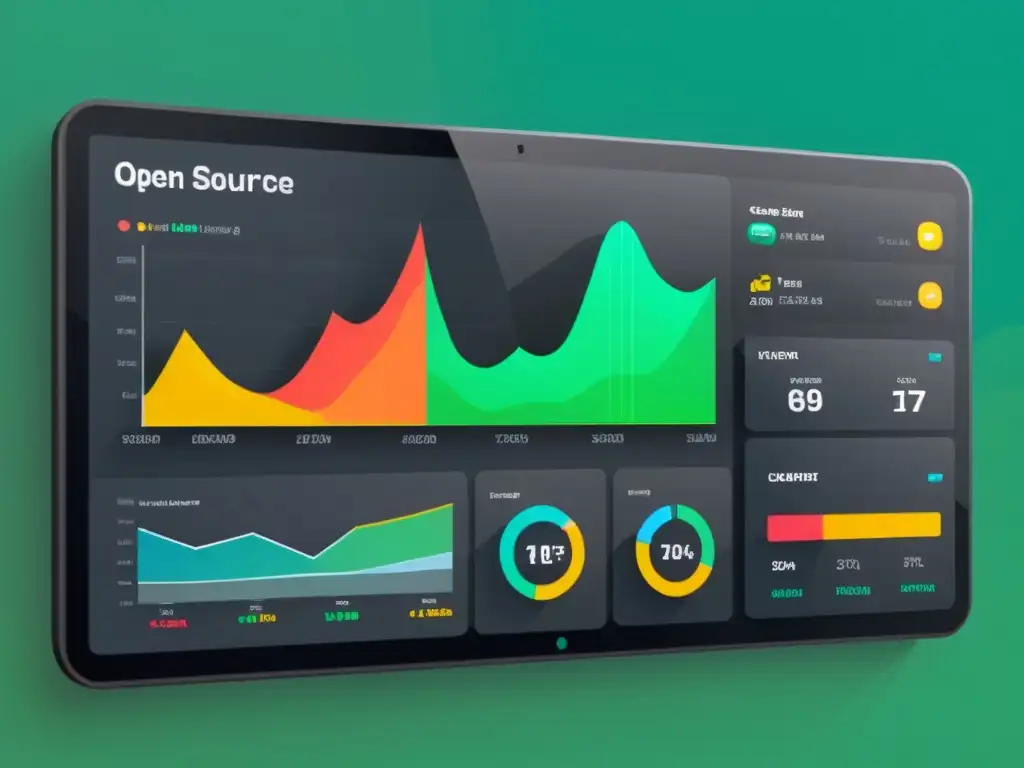 Interfaz moderna y limpia con herramientas de análisis para CMS Open Source, mostrando visualizaciones de datos y métricas en tiempo real