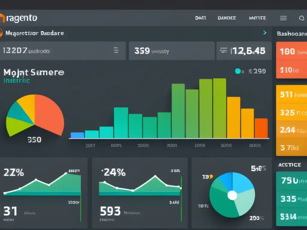 Interfaz moderna de Magento con visualizaciones de datos coloridas y métricas de rendimiento