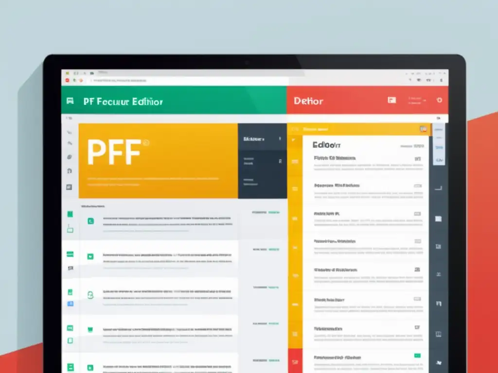 Interfaz moderna y minimalista de editor Open Source para PDF, con herramientas de edición y organización, en colores vibrantes y texto nítido