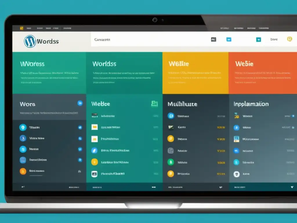 Interfaz moderna de WordPress Multisitio con múltiples íconos de sitio web, mostrando eficiencia y versatilidad