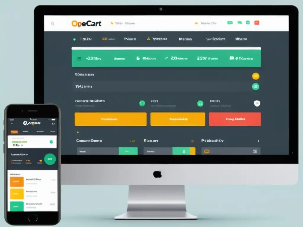 Interfaz moderna de OpenCart, con imágenes vibrantes de alta resolución, menús intuitivos y análisis en tiempo real