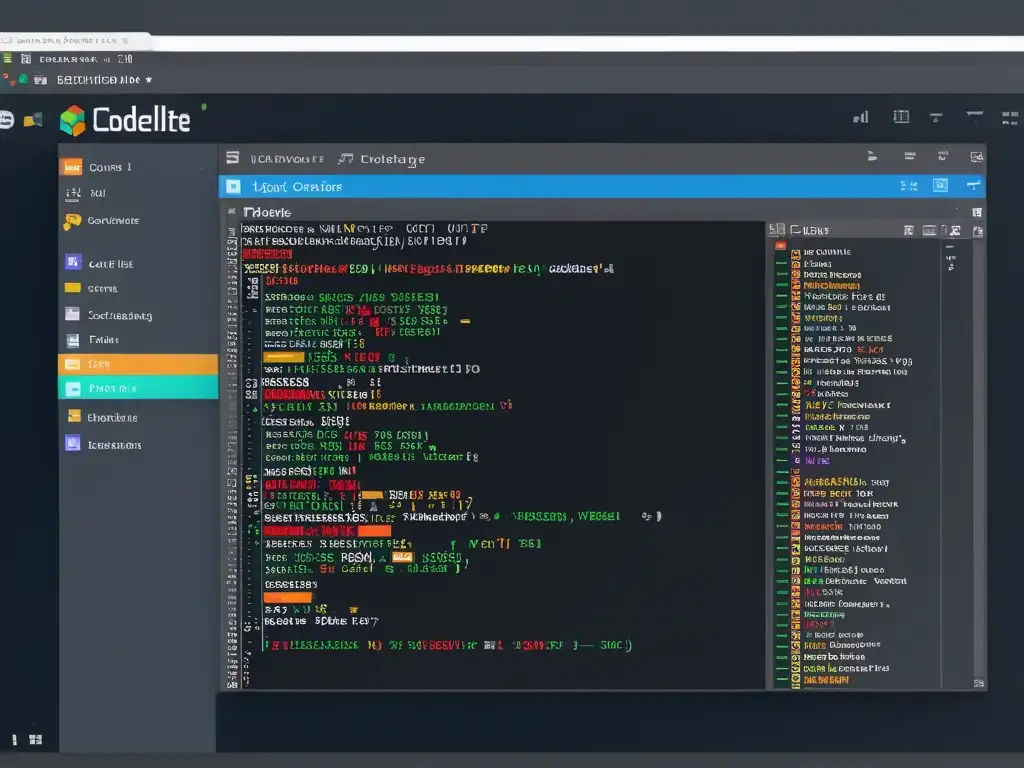 Interfaz moderna y ordenada del IDE Codelite, resaltando código en C++, con pestañas múltiples y tema oscuro
