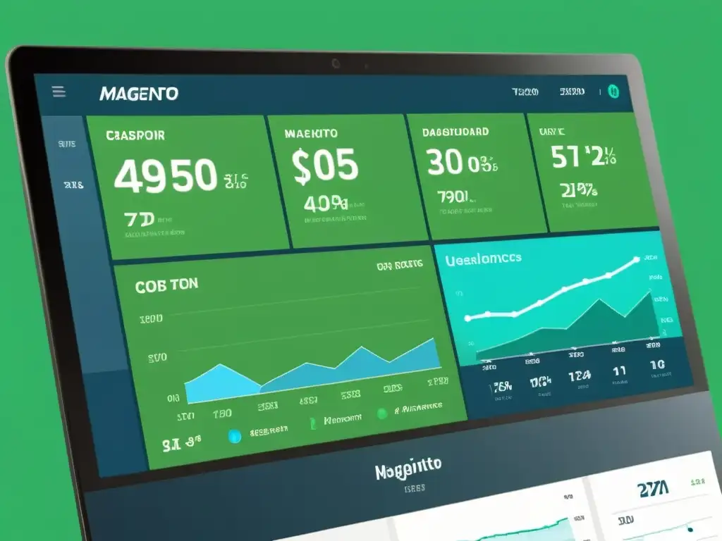 Interfaz moderna del panel de control de Magento, mostrando métricas de optimización de rendimiento