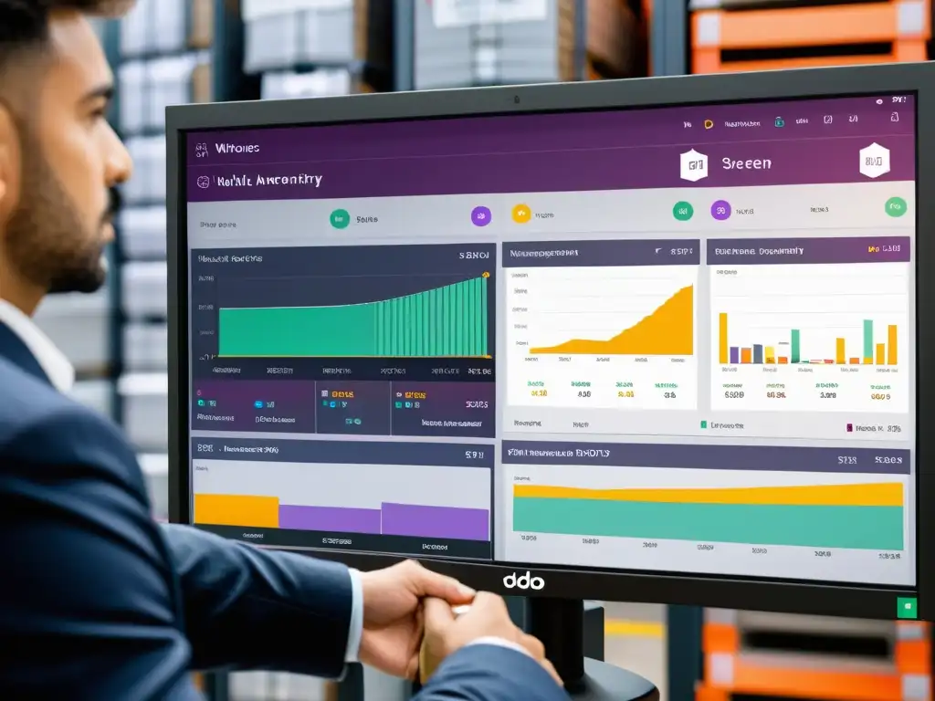 Interfaz de gestión de almacén moderna en pantalla táctil de alta resolución, mostrando datos en tiempo real