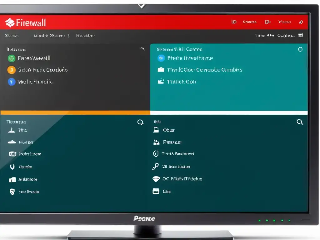 Interfaz moderna de pfSense en monitor de alta resolución, mostrando opciones de filtrado y configuración