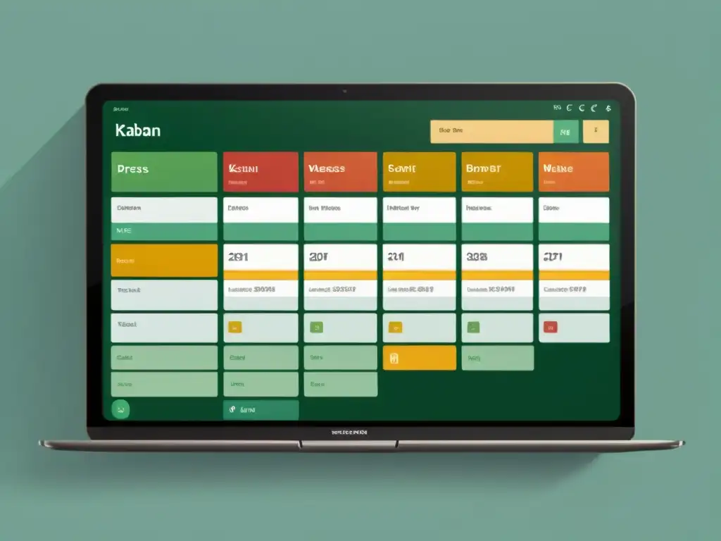 Interfaz moderna de tablero kanban con tarjetas de tarea coloridas, reflejando eficiencia y profesionalismo