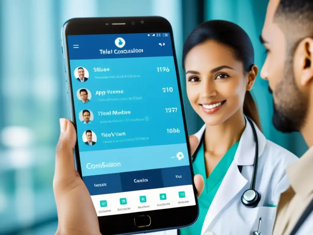 Interfaz moderna de aplicación de telemedicina de código abierto, con diseño intuitivo y gráficos vibrantes, reflejando innovación y eficiencia