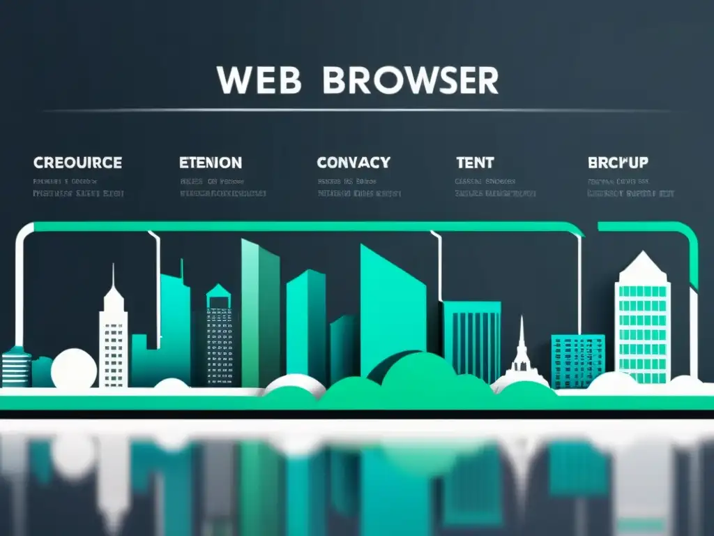 Interfaz de navegador web moderno con iconos de extensiones de código abierto para privacidad, sobre un fondo de ciudad digital futurista