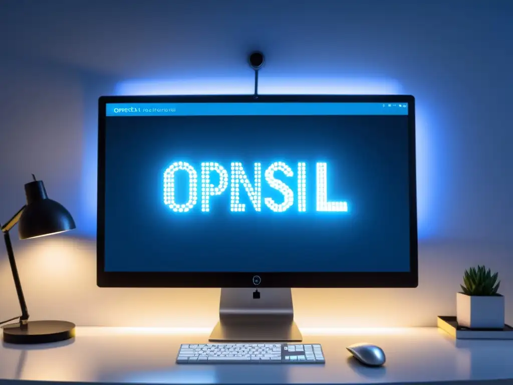 Interfaz de OpenSSL en pantalla de computadora, rodeada por decoración de oficina moderna