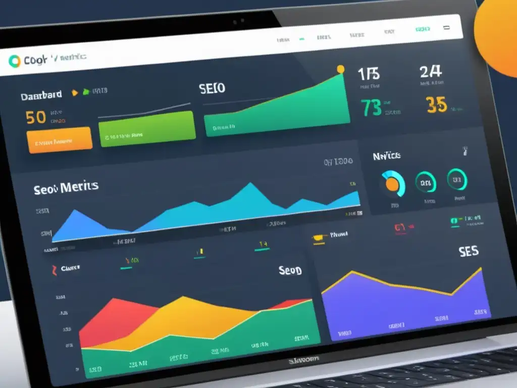 Interfaz de panel SEO moderna y elegante con gráficos, métricas y visualizaciones de datos