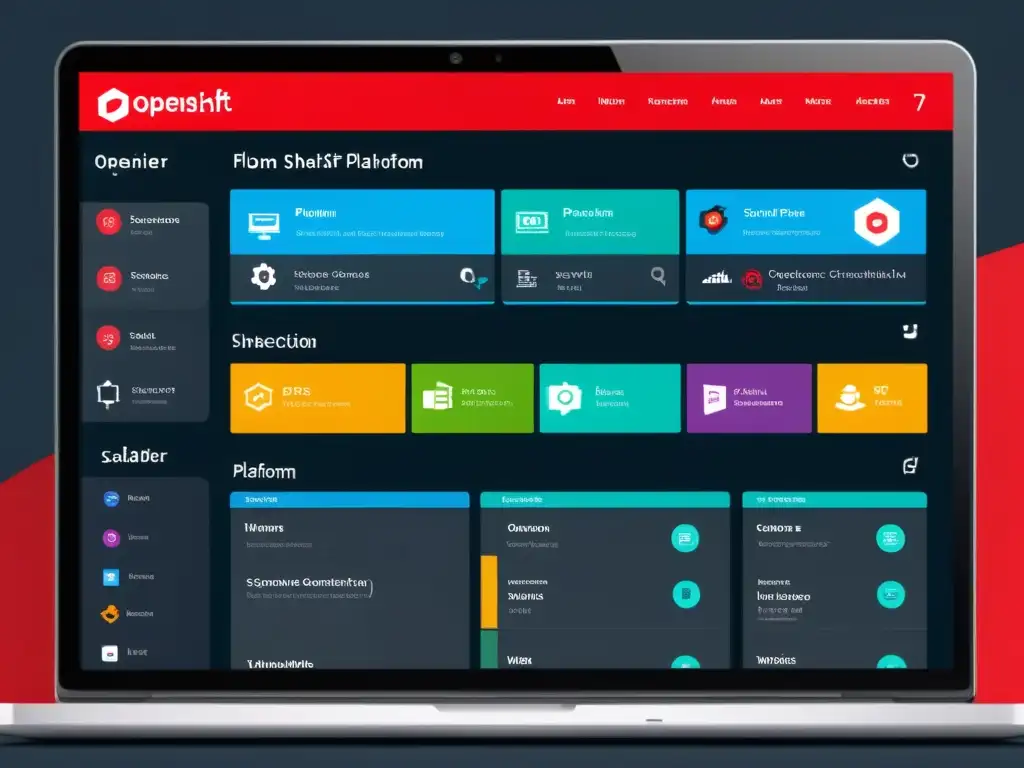Interfaz de la plataforma de containerización OpenShift con diseño moderno y vibrantes colores, destacando su versatilidad para desarrolladores