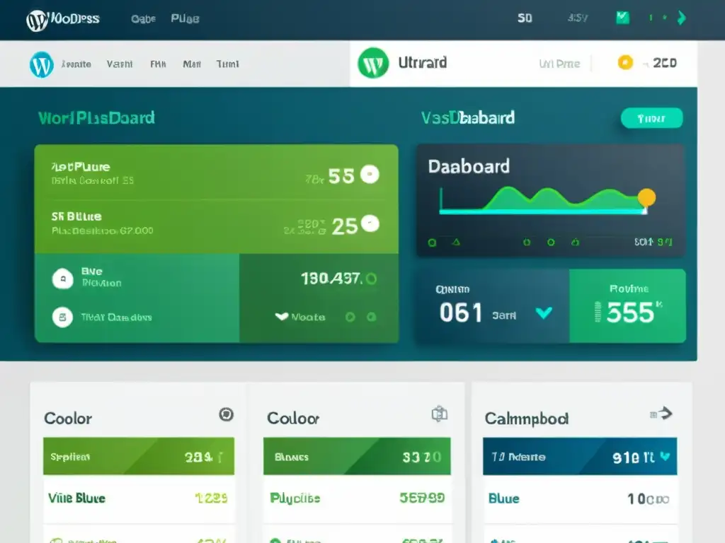 Interfaz de plugin para mejorar velocidad WordPress con diseño moderno y profesional en azules, verdes y acentos metálicos