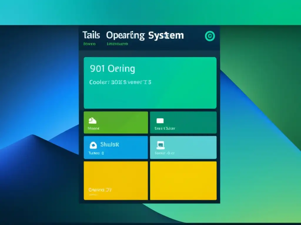 Interfaz del sistema operativo Tails con diseño moderno y código abierto, en un paisaje digital futurista con colores vibrantes