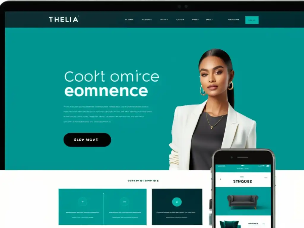 Una interfaz de sitio web elegante y moderna que destaca las ventajas de utilizar Thelia en ecommerce