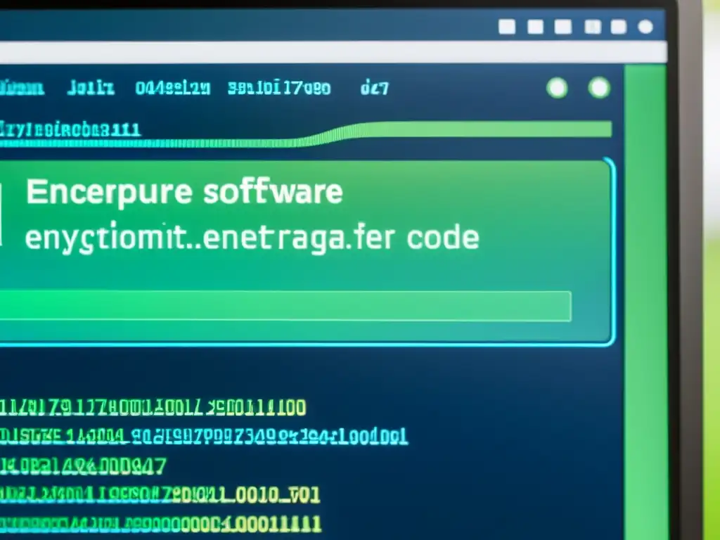 Una interfaz de software de cifrado de código abierto muestra líneas de código y gráficos animados, en tonos azules y verdes