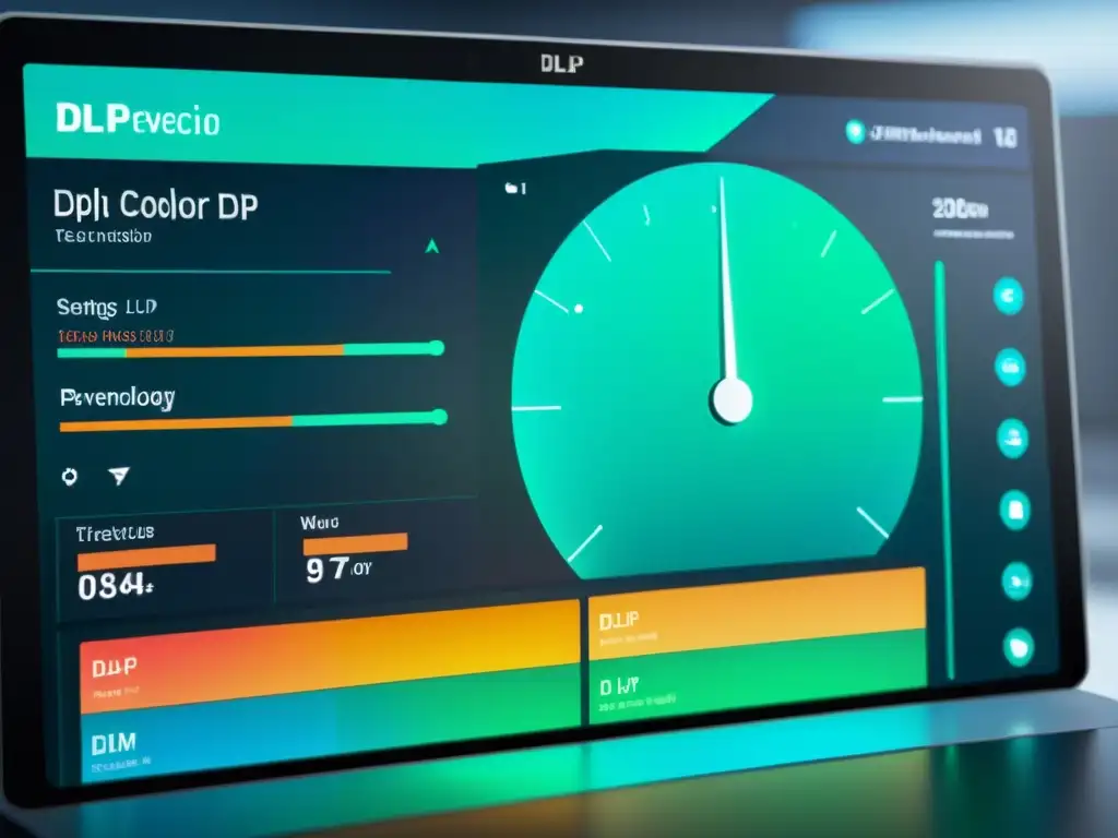 Interfaz de software de código abierto para DLP futurista y minimalista con visualizaciones holográficas vibrantes en azul y verde eléctrico