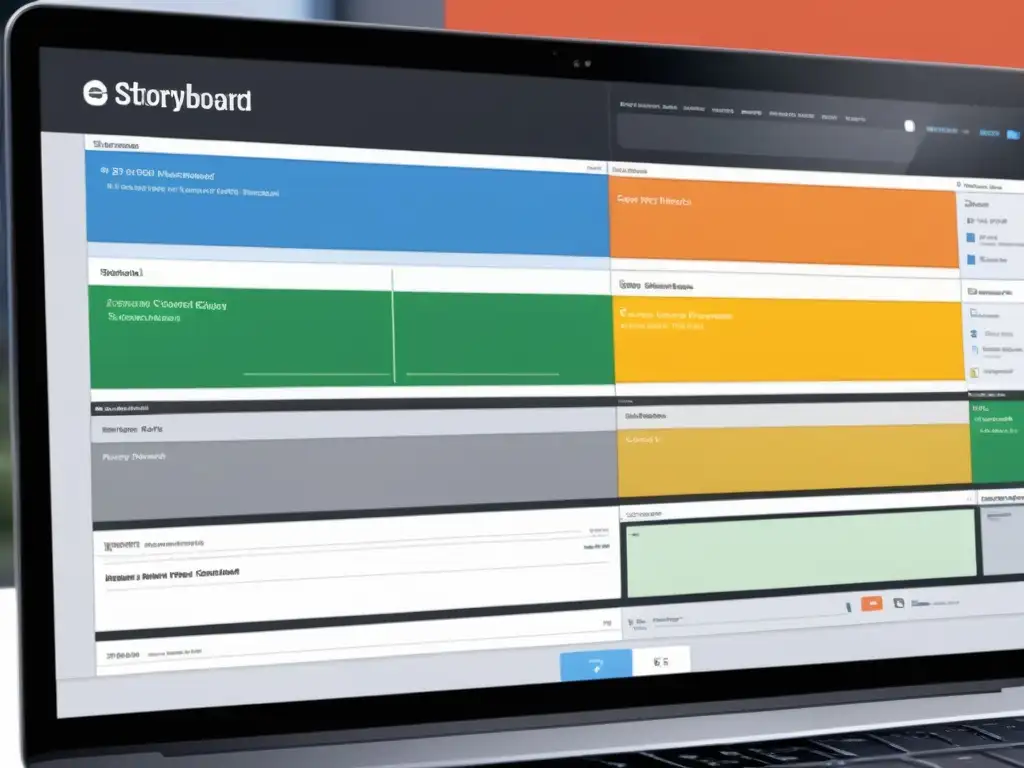 Interfaz de software de storyboard digital de alta resolución con funciones clave y diseño moderno para profesionales