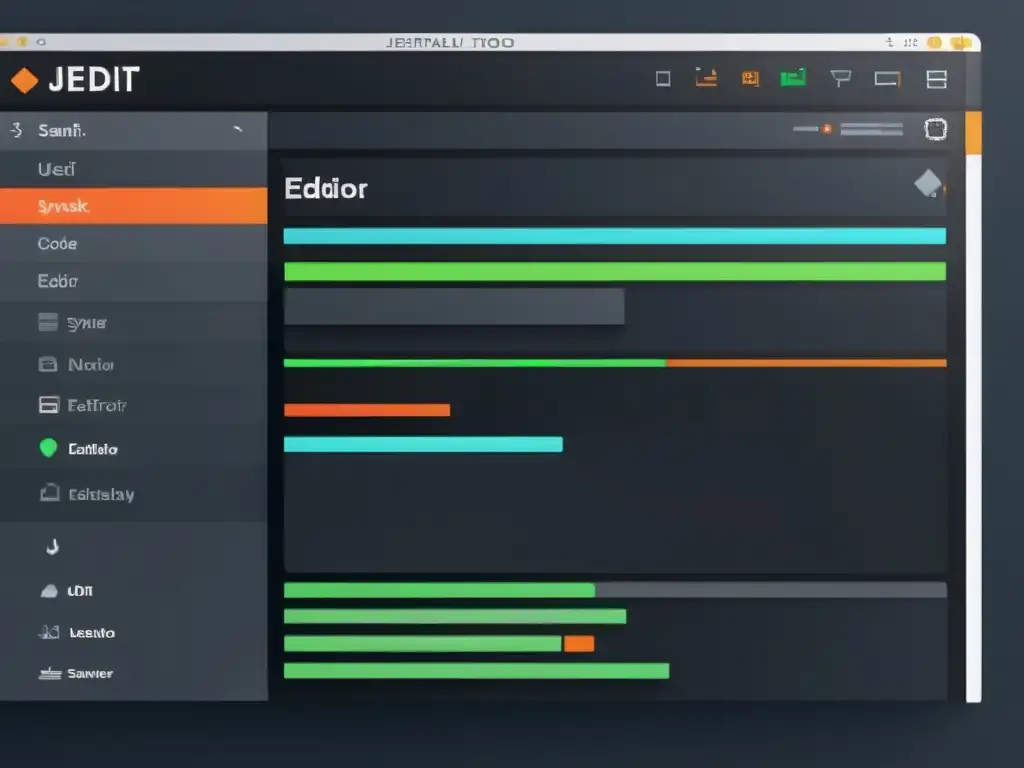 Interfaz de usuario moderna y elegante del editor de texto open source multilingüe jEdit, con resaltado de sintaxis personalizable y herramientas de desarrollo integradas