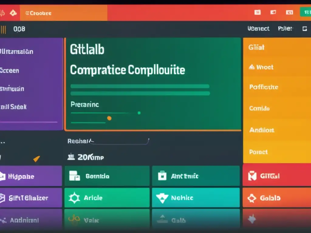 Interfaz vibrante de GitLab con proyecto colaborativo y código activo, reflejando la colaboración en entorno Open Source