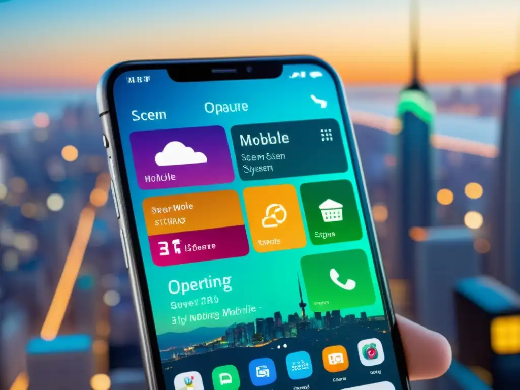 Interfaz vibrante de sistemas operativos móviles de código abierto, con iconos dinámicos y diseño futurista en pantalla de smartphone