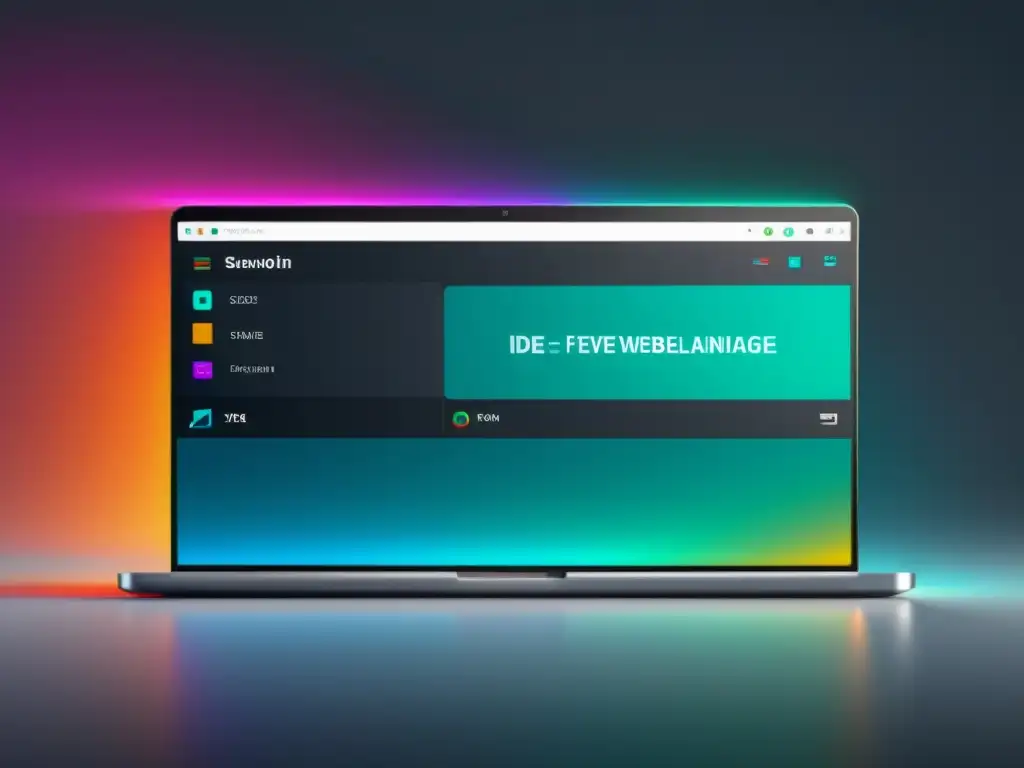 Una interfaz web IDE moderna y futurista con colores vibrantes y diseño minimalista, mostrando la evolución de los IDEs de software de código abierto